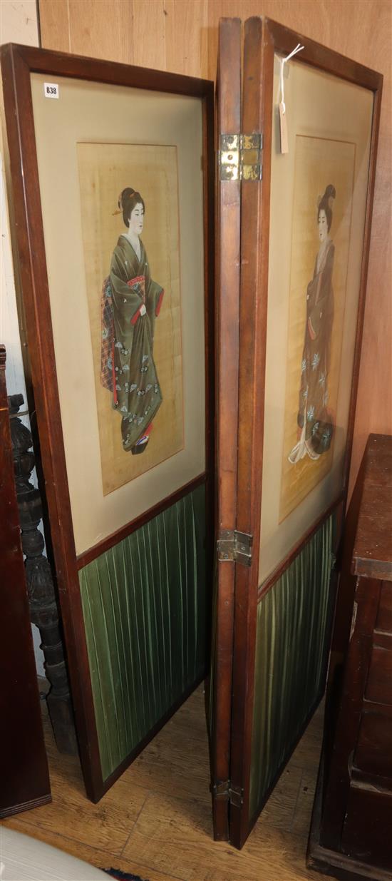 An Edwardian three fold dressing screen inset three Japanese gouache portrait panels H.168cm